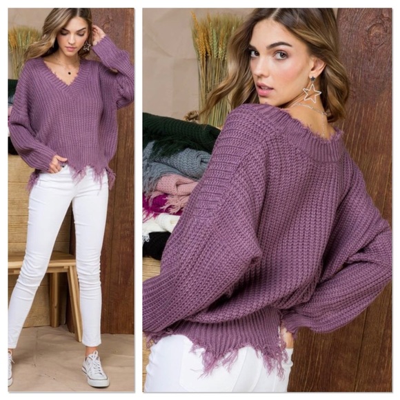 Lavender Frayed V Neck Sweater - Picture 3 of 4